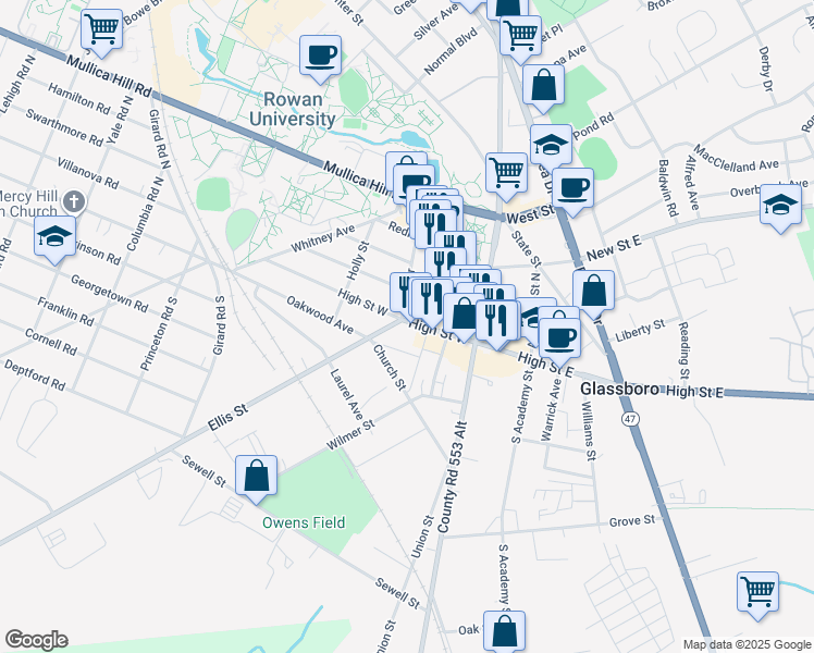map of restaurants, bars, coffee shops, grocery stores, and more near 205 High Street West in Glassboro