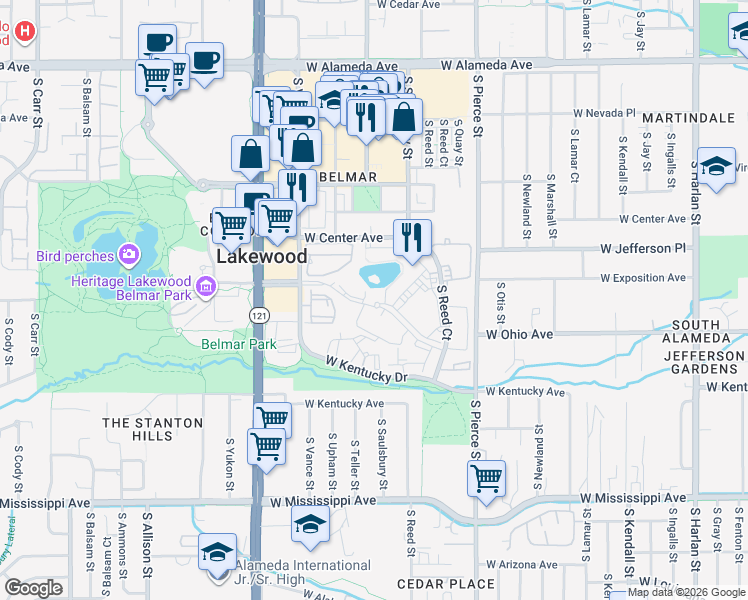 map of restaurants, bars, coffee shops, grocery stores, and more near 7301 West Ohio Avenue in Lakewood