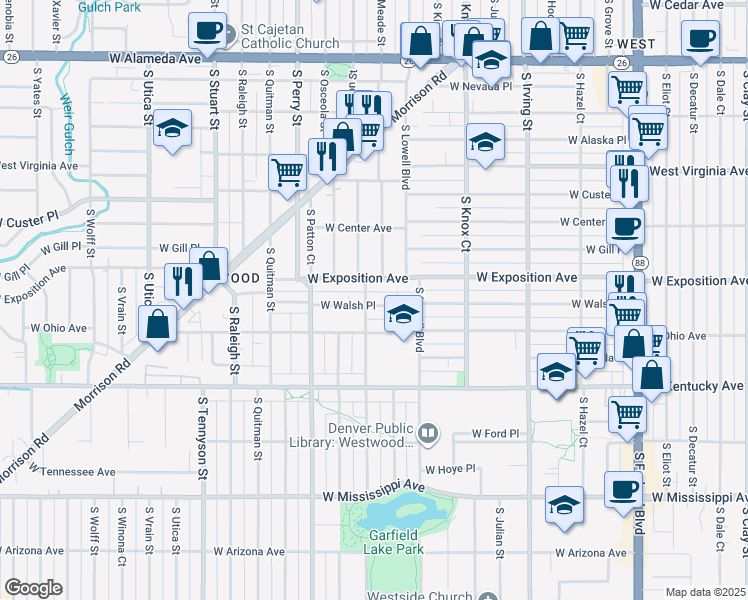 map of restaurants, bars, coffee shops, grocery stores, and more near 3761 West Walsh Place in Denver