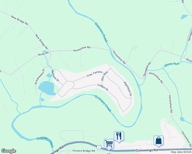 map of restaurants, bars, coffee shops, grocery stores, and more near 176 Cree Terrace in Rising Sun