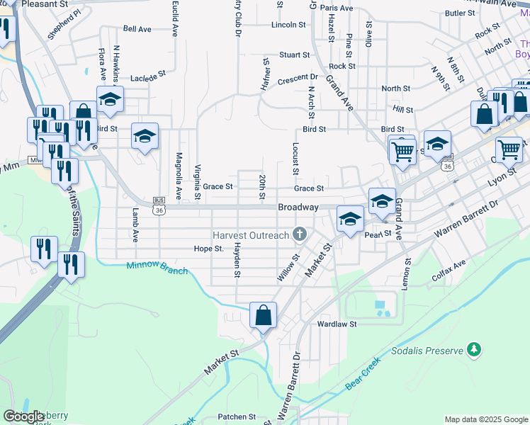 map of restaurants, bars, coffee shops, grocery stores, and more near 2009 Broadway in Hannibal