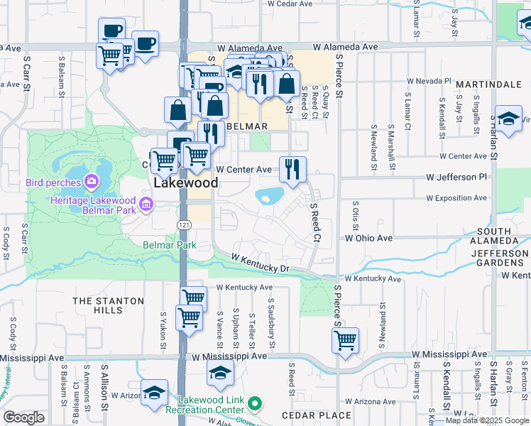 map of restaurants, bars, coffee shops, grocery stores, and more near 7301 West Ohio Avenue in Lakewood