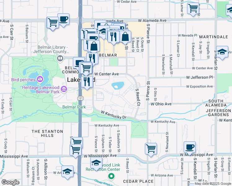 map of restaurants, bars, coffee shops, grocery stores, and more near 7301 West Ohio Avenue in Lakewood