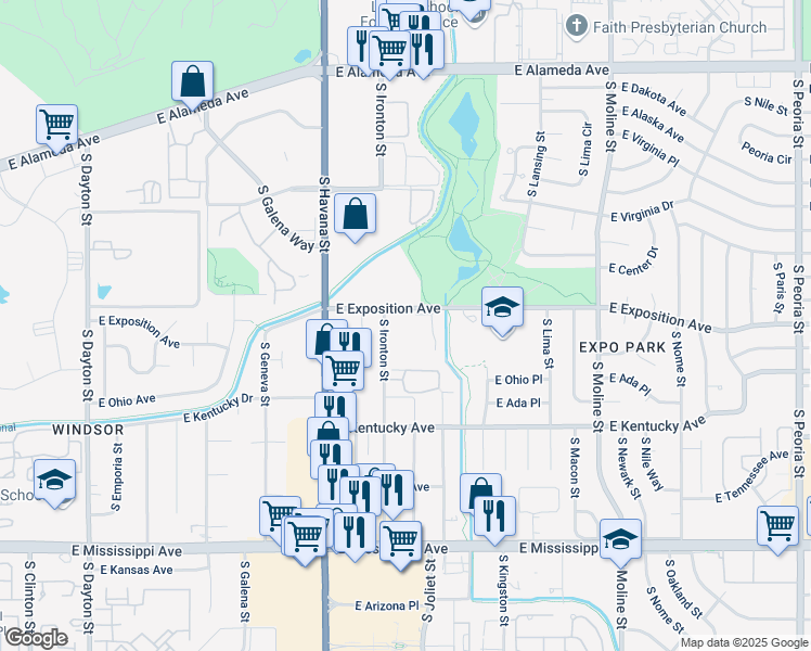 map of restaurants, bars, coffee shops, grocery stores, and more near 10702 South Ironton Street in Aurora