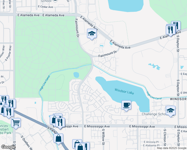 map of restaurants, bars, coffee shops, grocery stores, and more near 800 South Valentia Street in Denver