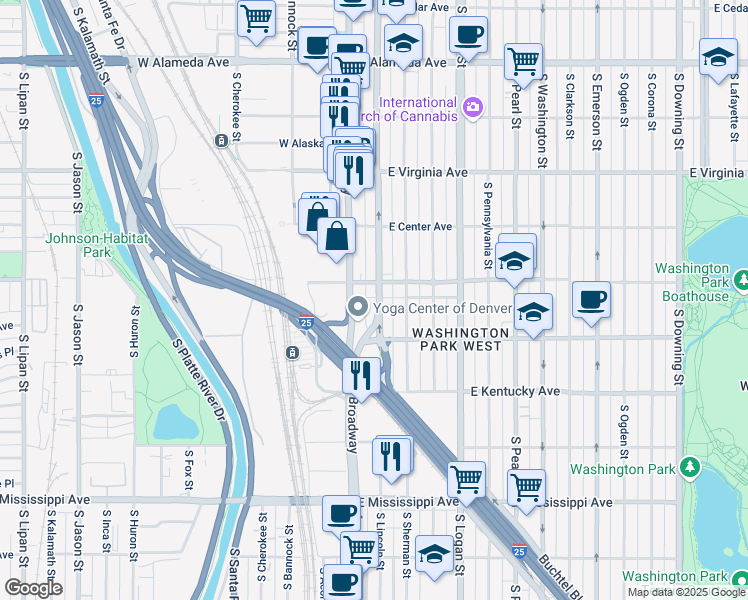 map of restaurants, bars, coffee shops, grocery stores, and more near 717 South Lincoln Street in Denver