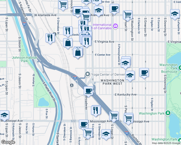 map of restaurants, bars, coffee shops, grocery stores, and more near 717 South Lincoln Street in Denver
