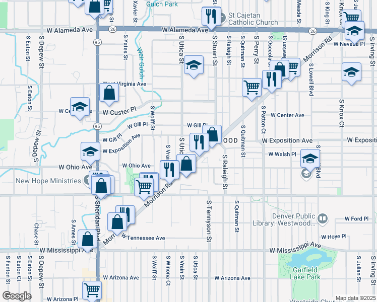 map of restaurants, bars, coffee shops, grocery stores, and more near 4391 Morrison Road in Denver