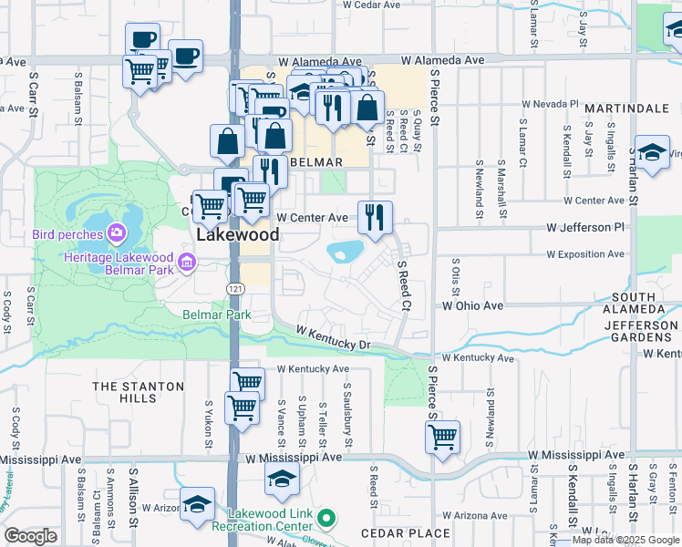 map of restaurants, bars, coffee shops, grocery stores, and more near 7301 West Ohio Avenue in Lakewood