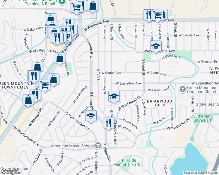 map of restaurants, bars, coffee shops, grocery stores, and more near 681 South Simms Street in Lakewood