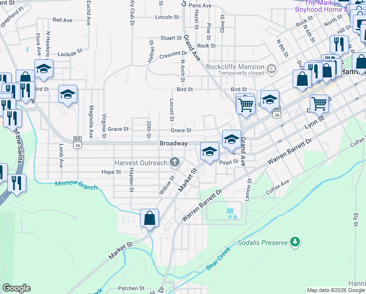 map of restaurants, bars, coffee shops, grocery stores, and more near 1709 Broadway in Hannibal