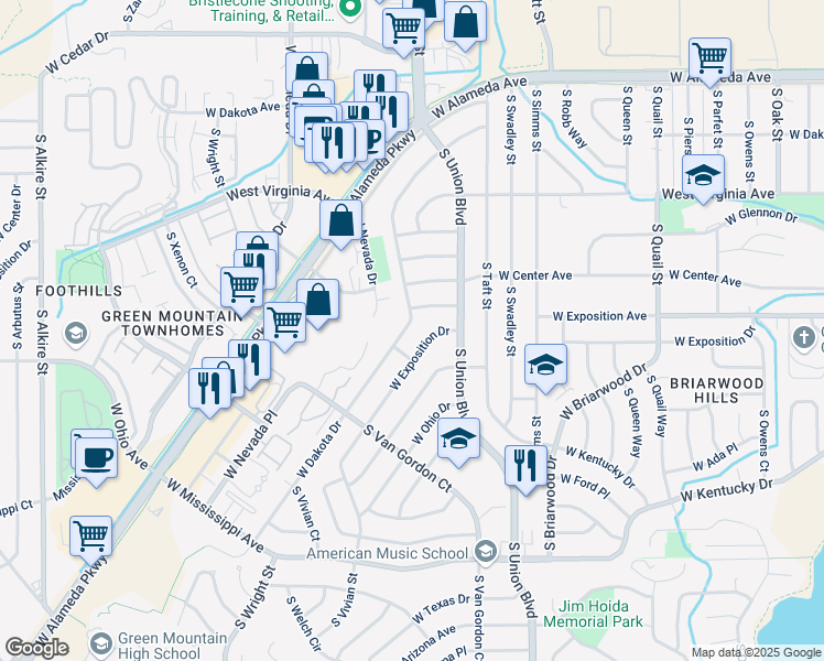 map of restaurants, bars, coffee shops, grocery stores, and more near 12142 West Dakota Drive in Lakewood