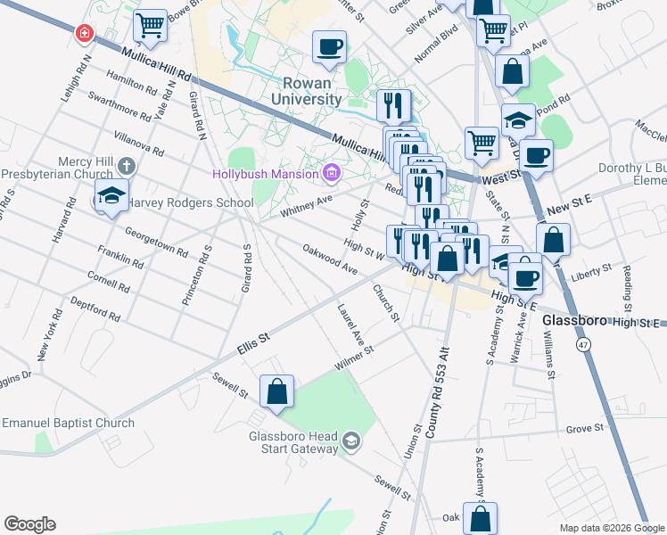 map of restaurants, bars, coffee shops, grocery stores, and more near 312 Oakwood Avenue in Glassboro