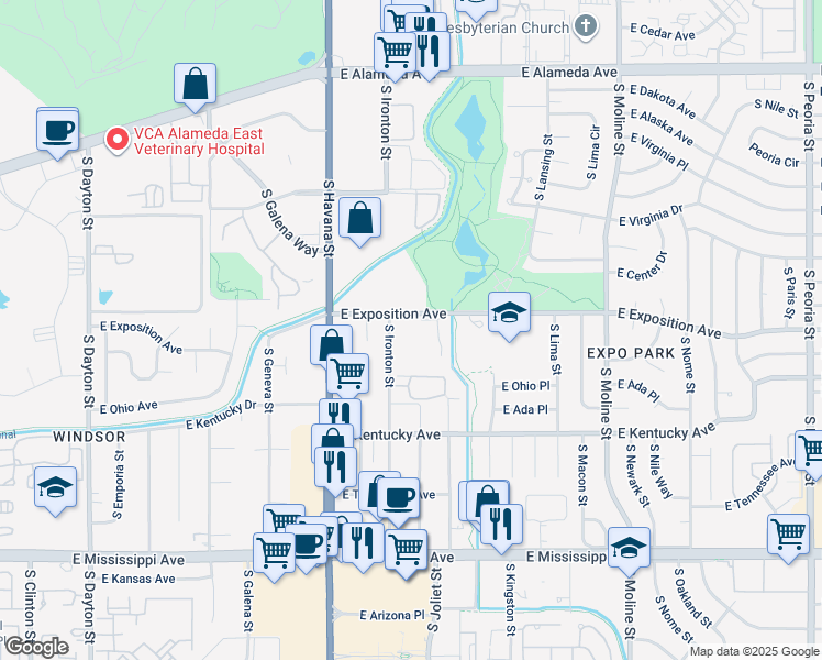 map of restaurants, bars, coffee shops, grocery stores, and more near 10782 East Exposition Avenue in Aurora