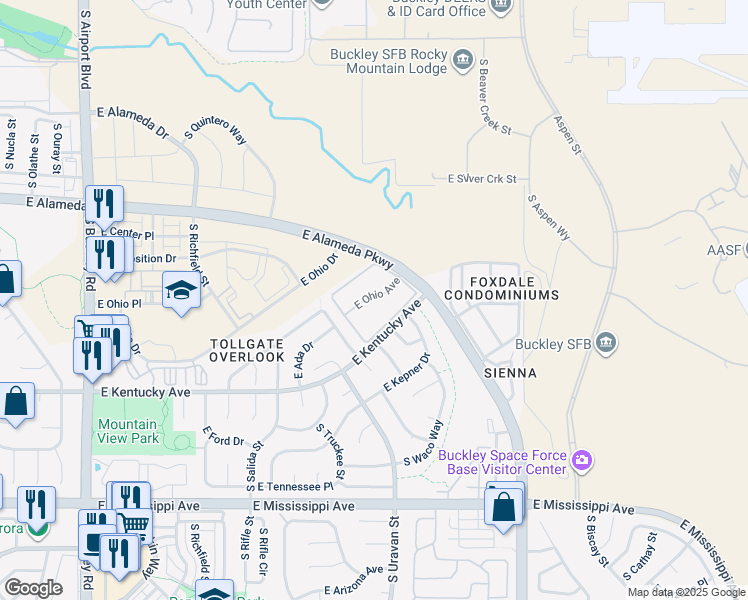 map of restaurants, bars, coffee shops, grocery stores, and more near 18094 East Ohio Avenue in Aurora