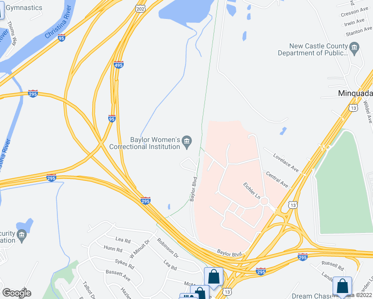 map of restaurants, bars, coffee shops, grocery stores, and more near 660 Baylor Boulevard in New Castle