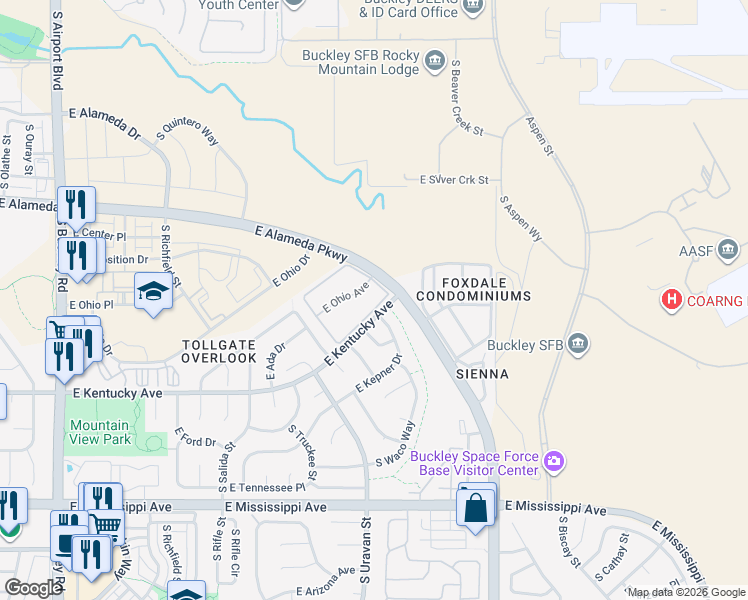 map of restaurants, bars, coffee shops, grocery stores, and more near 18106 East Ohio Avenue in Aurora