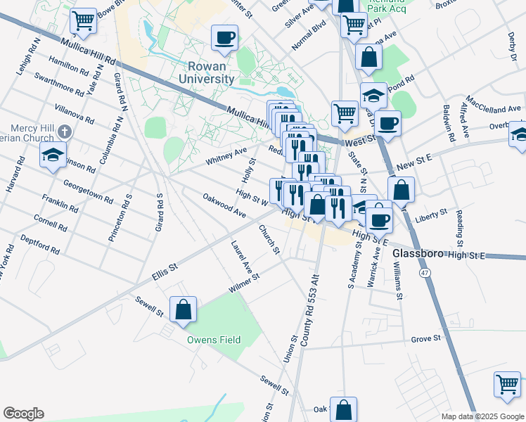 map of restaurants, bars, coffee shops, grocery stores, and more near 107 Ellis Street in Glassboro