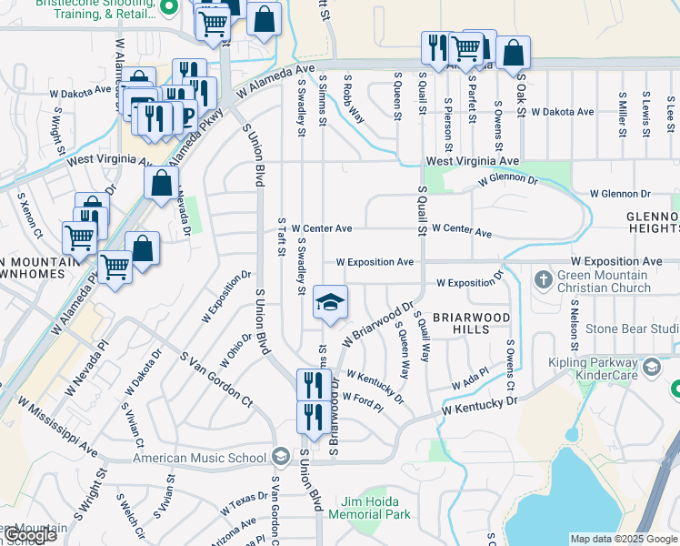 map of restaurants, bars, coffee shops, grocery stores, and more near 727 South Routt Way in Lakewood