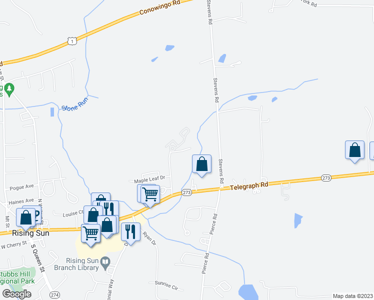 map of restaurants, bars, coffee shops, grocery stores, and more near 321 Maple Heights Lane in Rising Sun