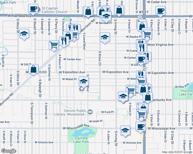 map of restaurants, bars, coffee shops, grocery stores, and more near 3465 West Walsh Place in Denver