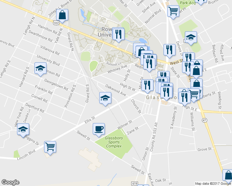 map of restaurants, bars, coffee shops, grocery stores, and more near 308 Oakwood Avenue in Glassboro