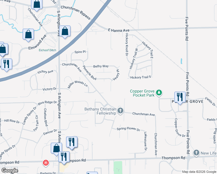 map of restaurants, bars, coffee shops, grocery stores, and more near 4426 Vestry Place in Indianapolis