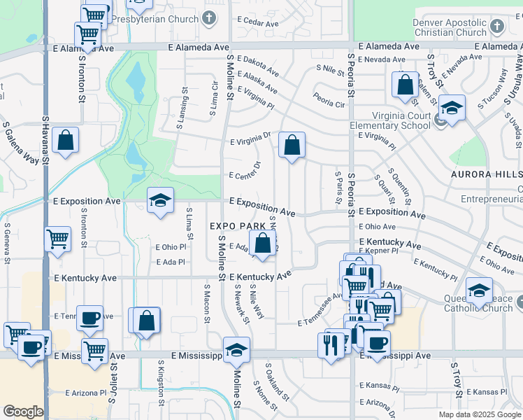 map of restaurants, bars, coffee shops, grocery stores, and more near 706 South Nile Way in Aurora