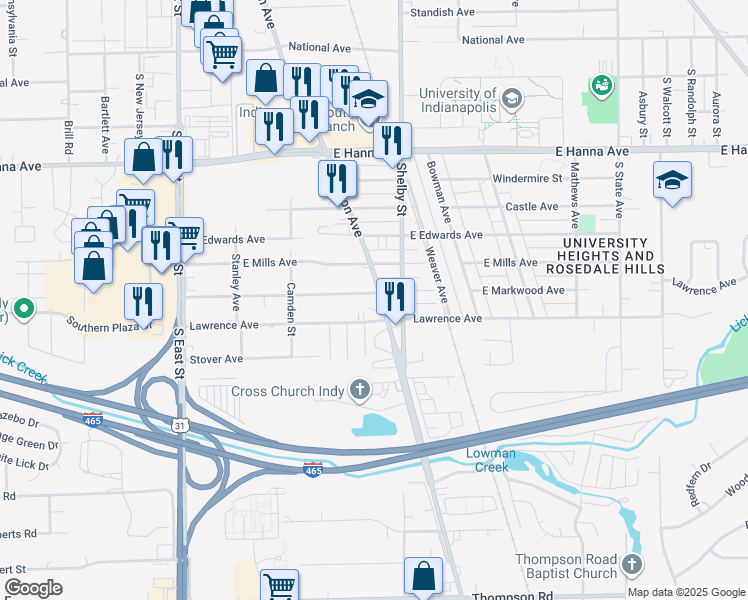map of restaurants, bars, coffee shops, grocery stores, and more near 4238 Madison Avenue in Indianapolis