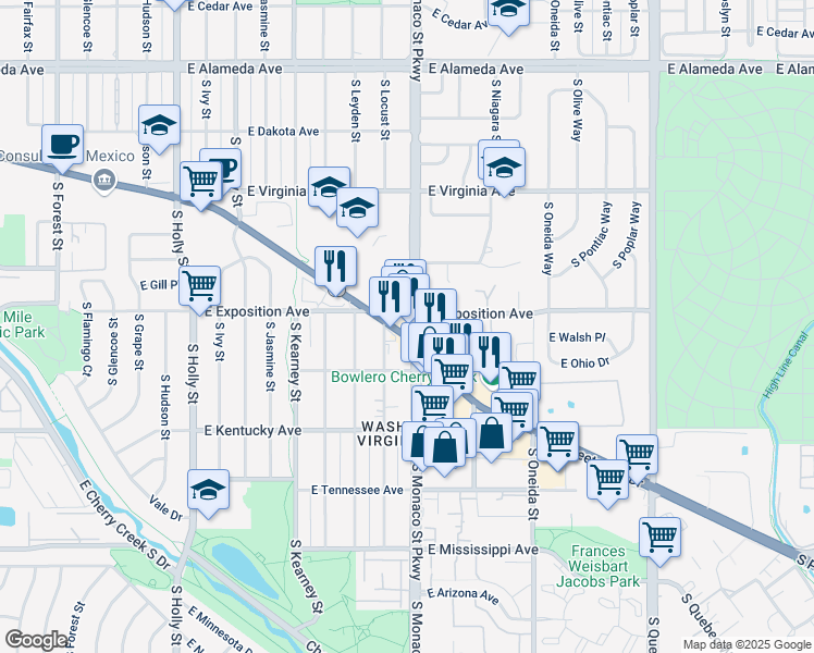 map of restaurants, bars, coffee shops, grocery stores, and more near 6499 Leetsdale Drive in Denver