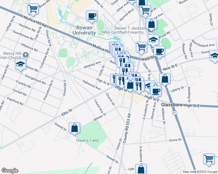 map of restaurants, bars, coffee shops, grocery stores, and more near 105 Ellis Street in Glassboro