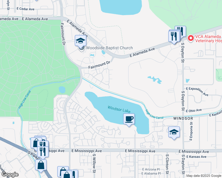 map of restaurants, bars, coffee shops, grocery stores, and more near 8300 Fairmount Drive in Denver
