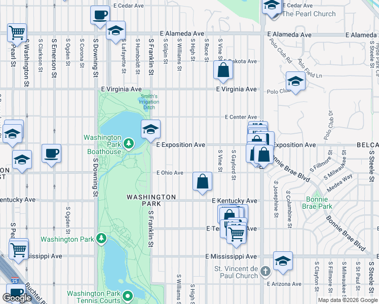 map of restaurants, bars, coffee shops, grocery stores, and more near 711 South High Street in Denver