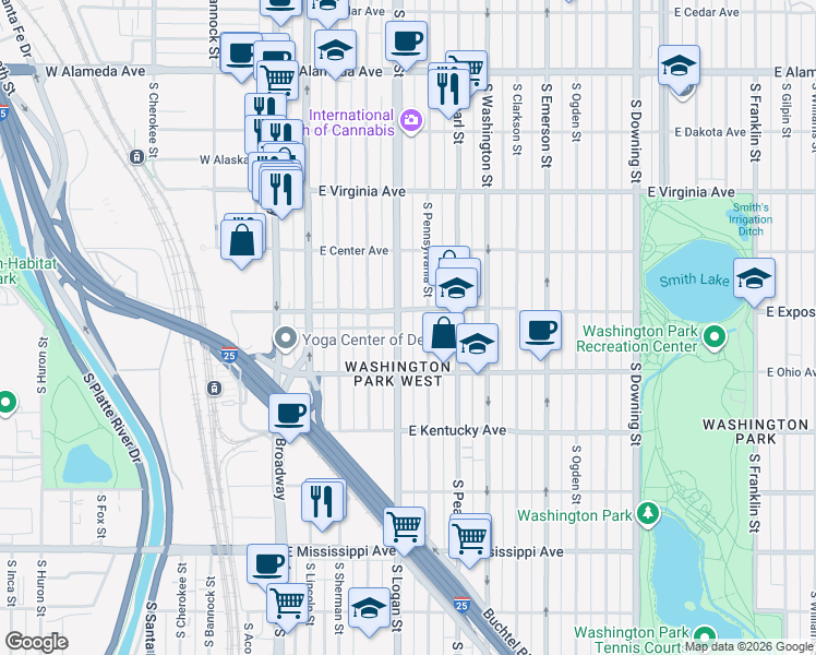 map of restaurants, bars, coffee shops, grocery stores, and more near 725 South Pennsylvania Street in Denver