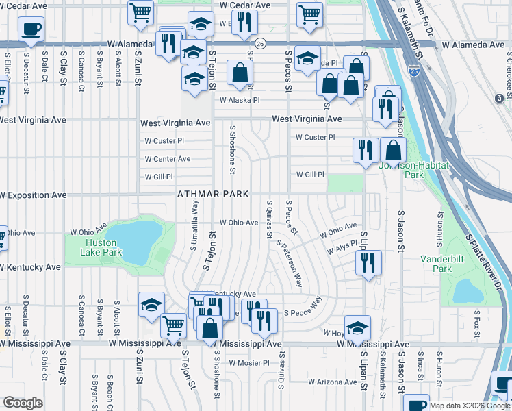 map of restaurants, bars, coffee shops, grocery stores, and more near 715 South Raritan Street in Denver