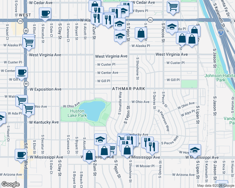 map of restaurants, bars, coffee shops, grocery stores, and more near 720 South Umatilla Way in Denver