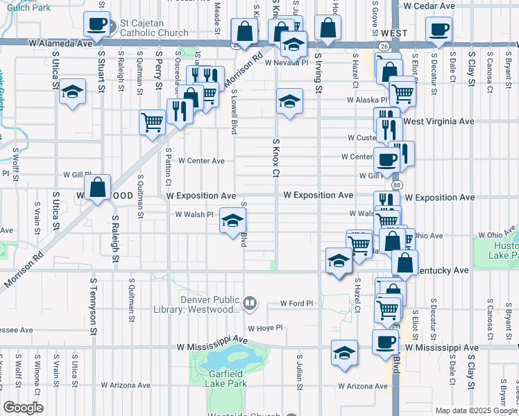map of restaurants, bars, coffee shops, grocery stores, and more near 3465 West Walsh Place in Denver