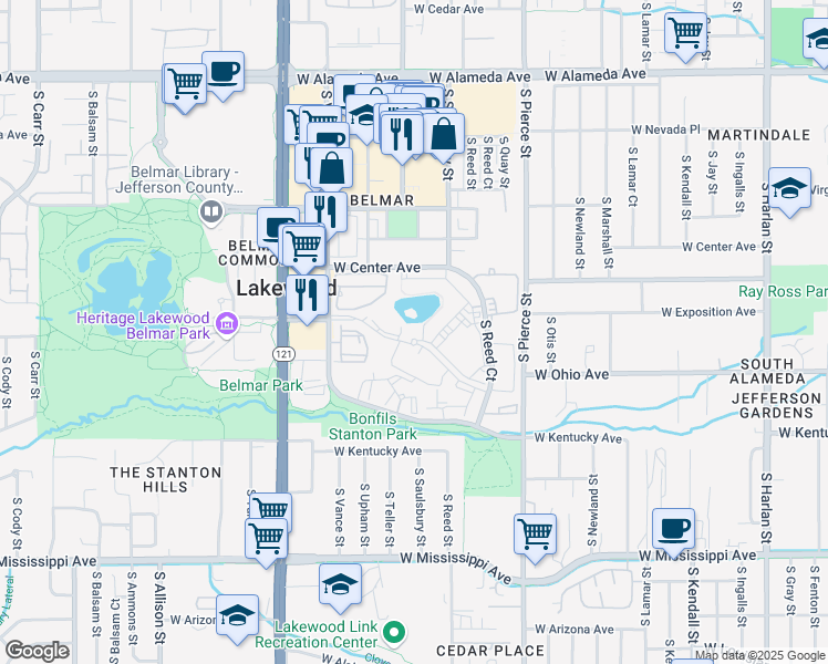 map of restaurants, bars, coffee shops, grocery stores, and more near 7301 West Ohio Avenue in Lakewood