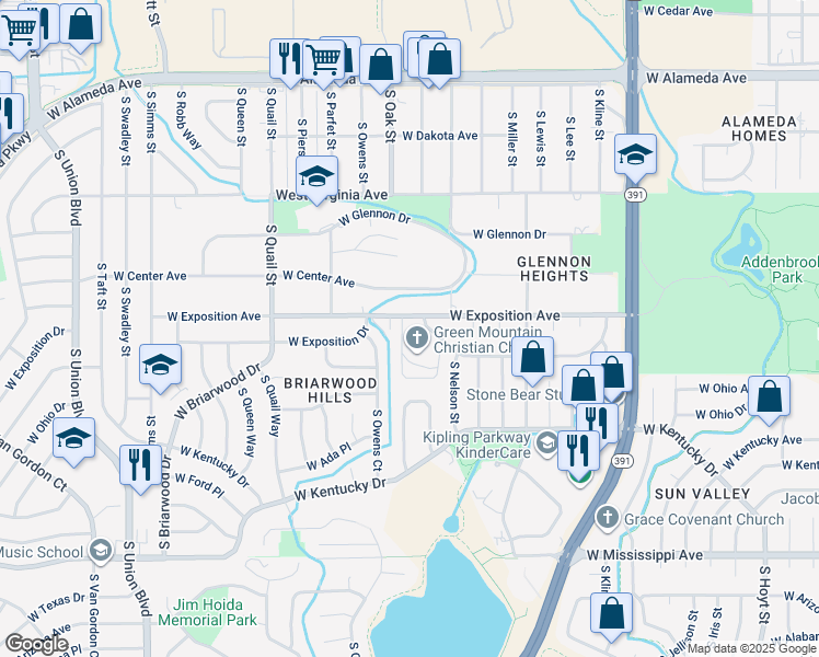 map of restaurants, bars, coffee shops, grocery stores, and more near 10710 West Exposition Drive in Lakewood