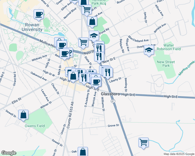 map of restaurants, bars, coffee shops, grocery stores, and more near 39 State Street in Glassboro