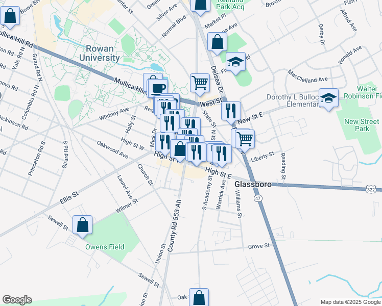 map of restaurants, bars, coffee shops, grocery stores, and more near 15 College Avenue in Glassboro