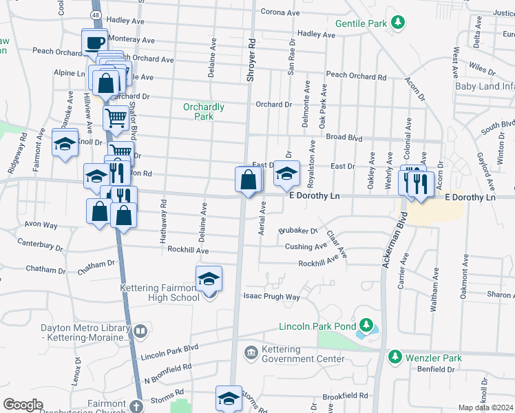 map of restaurants, bars, coffee shops, grocery stores, and more near 3000 Shroyer Road in Kettering