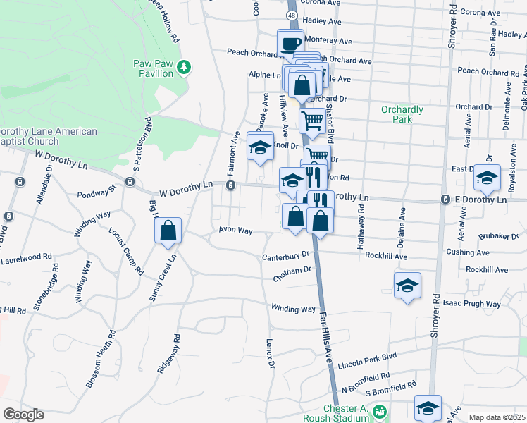 map of restaurants, bars, coffee shops, grocery stores, and more near 210 West Dorothy Lane in Dayton