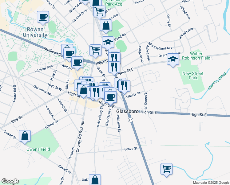 map of restaurants, bars, coffee shops, grocery stores, and more near 39 State Street in Glassboro