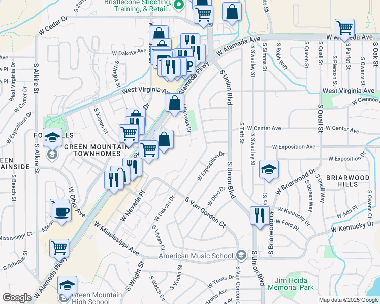 map of restaurants, bars, coffee shops, grocery stores, and more near 12164 West Nevada Drive in Denver