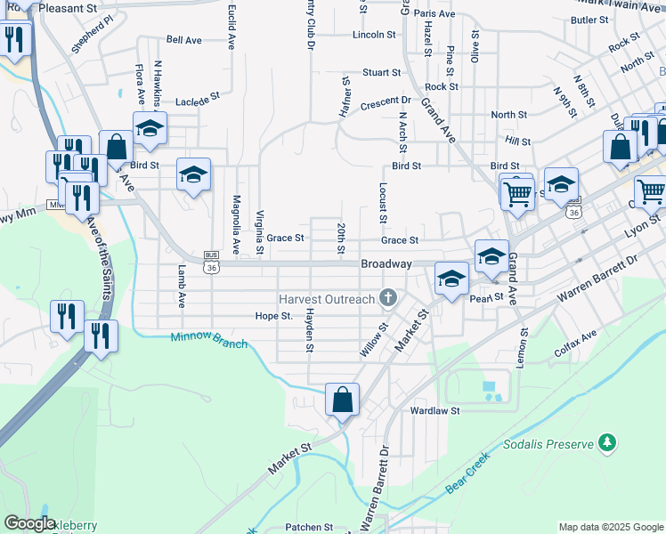 map of restaurants, bars, coffee shops, grocery stores, and more near 2009 Broadway in Hannibal