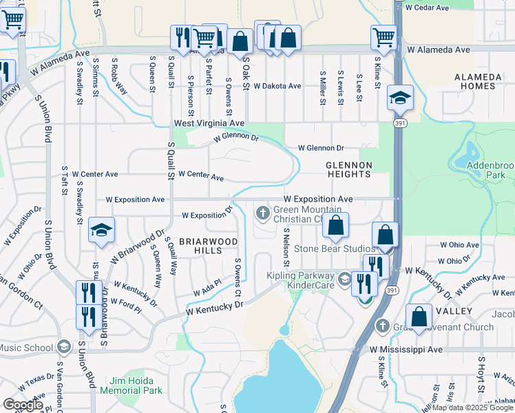 map of restaurants, bars, coffee shops, grocery stores, and more near 10710 West Exposition Drive in Lakewood