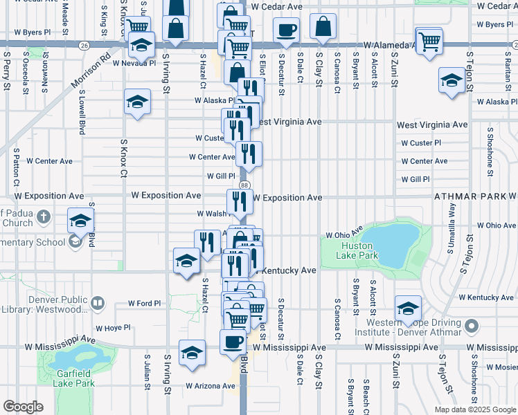 map of restaurants, bars, coffee shops, grocery stores, and more near 725 South Eliot Street in Denver