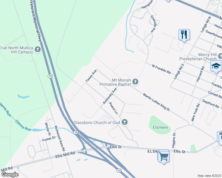 map of restaurants, bars, coffee shops, grocery stores, and more near 301 Evergreen Pkwy in Glassboro