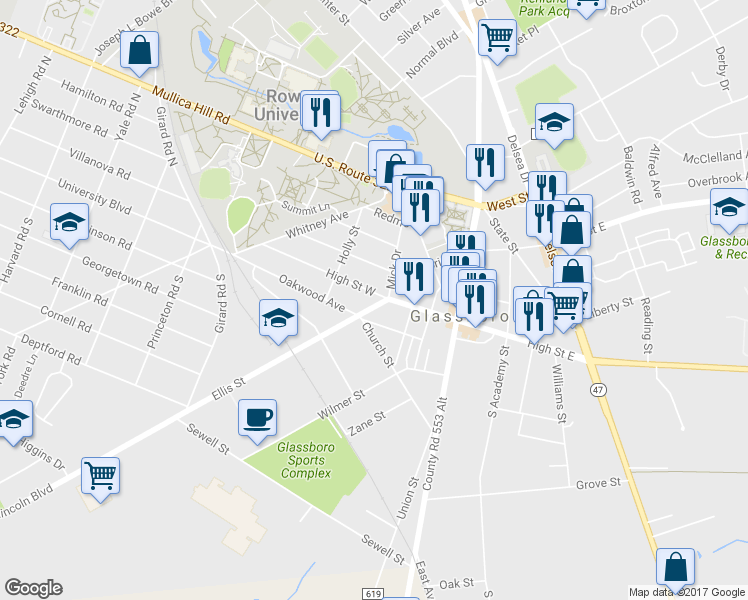 map of restaurants, bars, coffee shops, grocery stores, and more near 105 Ellis Street in Glassboro